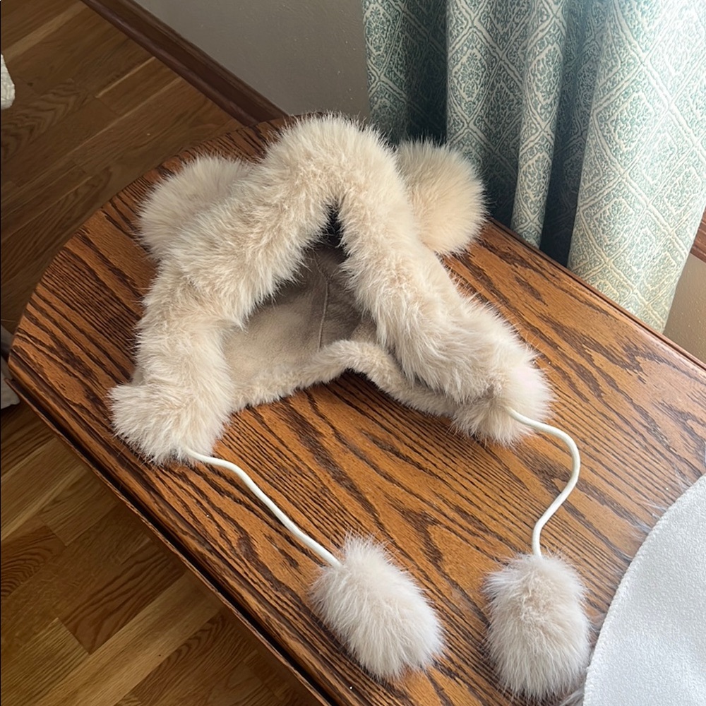 Tan Plush Hat with Ear Flaps and Pom-Poms